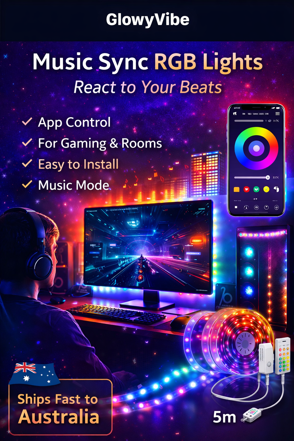 GlowyVibe™️ RGB LED Light Strip Music Sync - Instant Room Glow